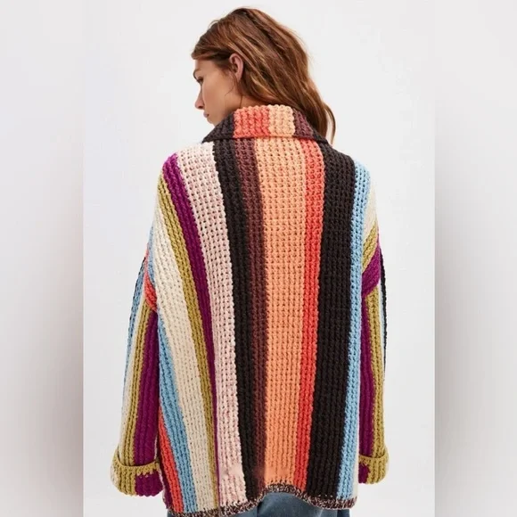 Free Peoplle Everything Cardi Sweater Heavy Weight Striped Zipper Pockets - Picture 4 of 8